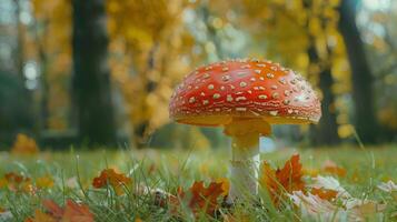 otoño bosque cerca arriba de comestible seta en césped foto