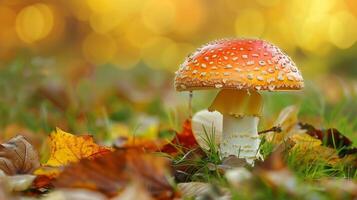 autumn forest close up of edible mushroom on grass photo