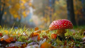 otoño bosque cerca arriba de comestible seta en césped foto