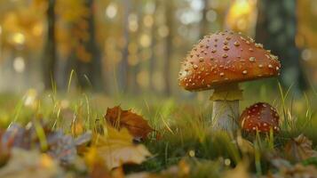 autumn forest close up of edible mushroom on grass photo