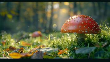 autumn forest close up of edible mushroom on grass photo