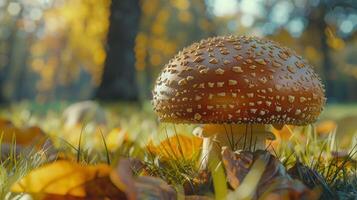 otoño bosque cerca arriba de comestible seta en césped foto