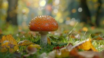 autumn forest close up of edible mushroom on grass photo