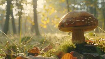 autumn forest close up of edible mushroom on grass photo