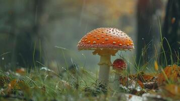 autumn forest close up of edible mushroom on grass photo