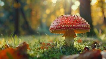 autumn forest close up of edible mushroom on grass photo