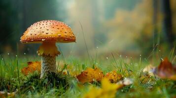 autumn forest close up of edible mushroom on grass photo