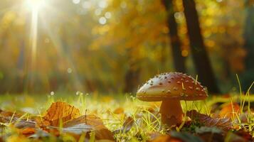 otoño bosque cerca arriba de comestible seta en césped foto