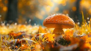 otoño bosque cerca arriba de comestible seta en césped foto