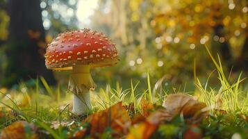 autumn forest close up of edible mushroom on grass photo