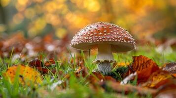 autumn forest close up of edible mushroom on grass photo