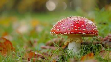 autumn forest close up of edible mushroom on grass photo