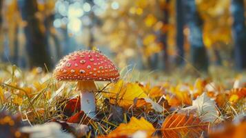 autumn forest close up of edible mushroom on grass photo