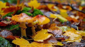 autumn forest green leaves yellow toadstools photo