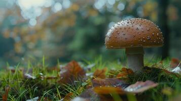 autumn forest close up of edible mushroom on grass photo