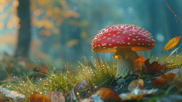 autumn forest close up of edible mushroom on grass photo