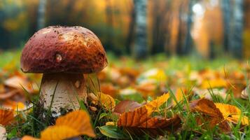 otoño bosque cerca arriba de comestible seta en césped foto