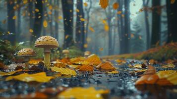 autumn forest green leaves yellow toadstools photo