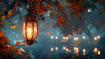 autumn night with lantern hanging scene photo