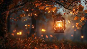 autumn night with lantern hanging scene photo