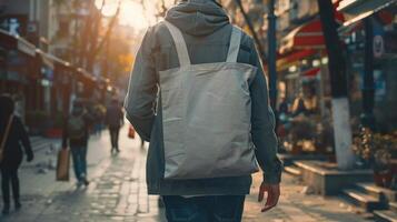 back view man carrying tote bag detailed high quality photo