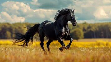 beautiful black stallion running in the wild photo