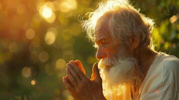 bearded senior man praying to god outdoors photo