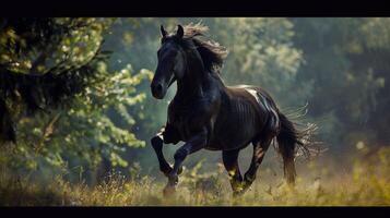 beautiful black stallion running in the wild photo