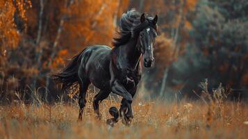 beautiful black stallion running in the wild photo