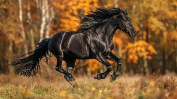 beautiful black stallion running in the wild photo