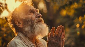 bearded senior man praying to god outdoors photo