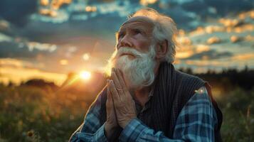 bearded senior man praying to god outdoors photo