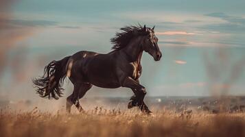 beautiful black stallion running in the wild photo