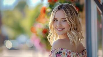 beautiful blond woman in a floral dress smiling photo