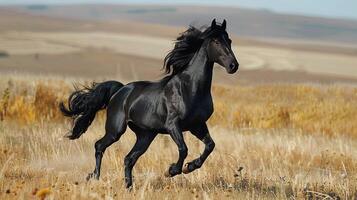 beautiful black stallion running in the wild photo