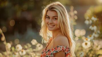 beautiful blond woman in a floral dress smiling photo