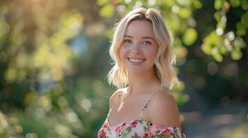 beautiful blond woman in a floral dress smiling photo