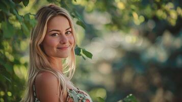 beautiful blond woman in a floral dress smiling photo