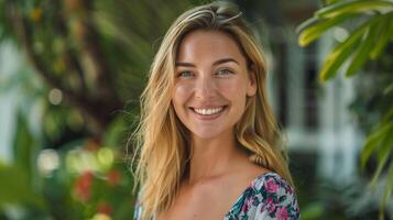 hermosa rubio mujer en un floral vestir sonriente foto