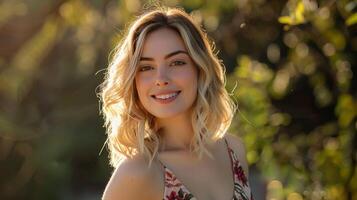 hermosa rubio mujer en un floral vestir sonriente foto