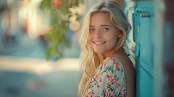 beautiful blond woman in a floral dress smiling photo