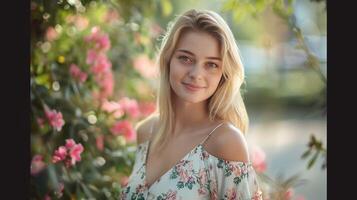 hermosa rubio mujer en un floral vestir sonriente foto