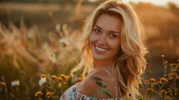 hermosa rubio mujer en un floral vestir sonriente foto