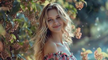 hermosa rubio mujer en un floral vestir sonriente foto