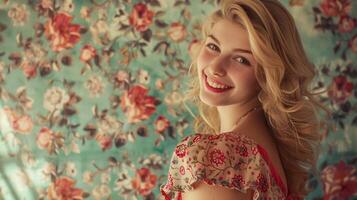 beautiful blond woman in a floral dress smiling photo