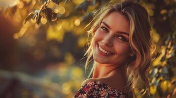 beautiful blond woman in a floral dress smiling photo