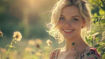 beautiful blond woman in a floral dress smiling photo