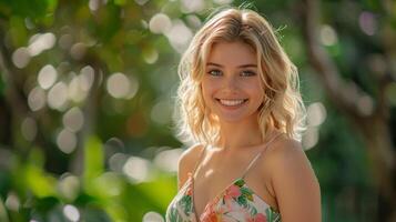 beautiful blond woman in a floral dress smiling photo