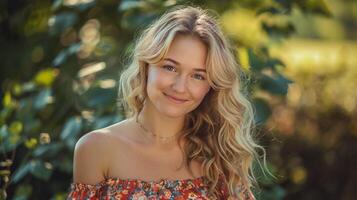 beautiful blond woman in a floral dress smiling photo