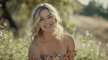 beautiful blond woman in a floral dress smiling photo